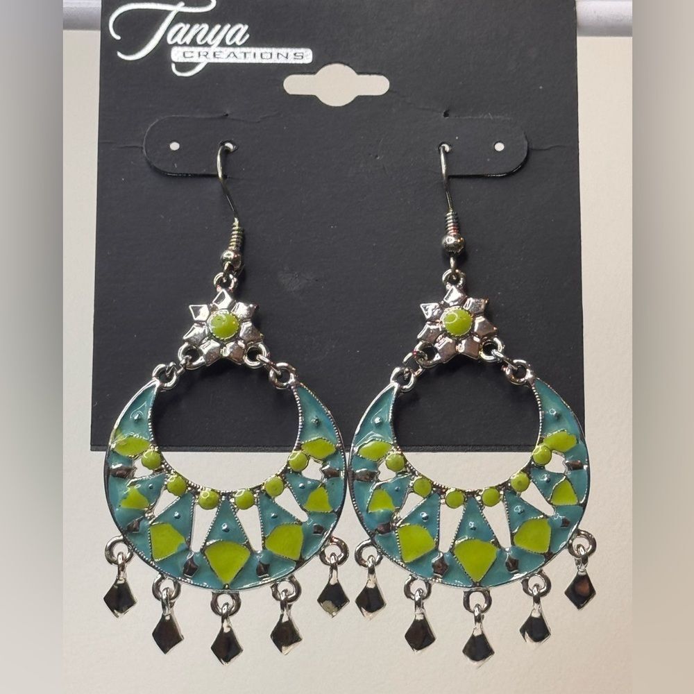 Intricate Silver and Green Crescent Earrings 2.75 inch